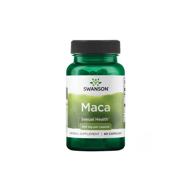 Swanson's Maca 500 mg, known as Peruvian ginseng, comes in a green bottle containing 60 capsules. This herbal supplement supports sexual health, libido, and overall vitality.